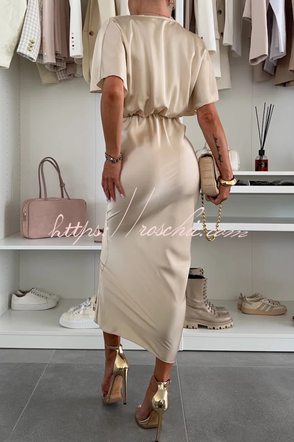 Satin V-Neck Cross Knot Slim Maxi Dress