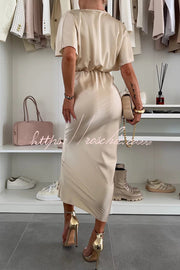 Satin V-Neck Cross Knot Slim Maxi Dress
