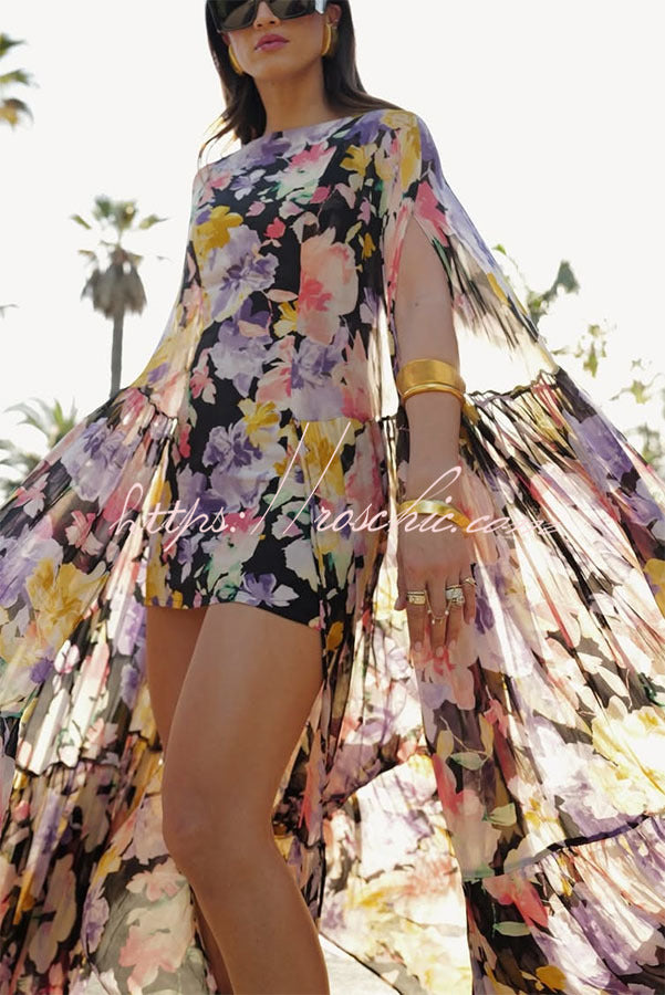 Floral Print High Low Cape Maxi Dress for Party & Vacation