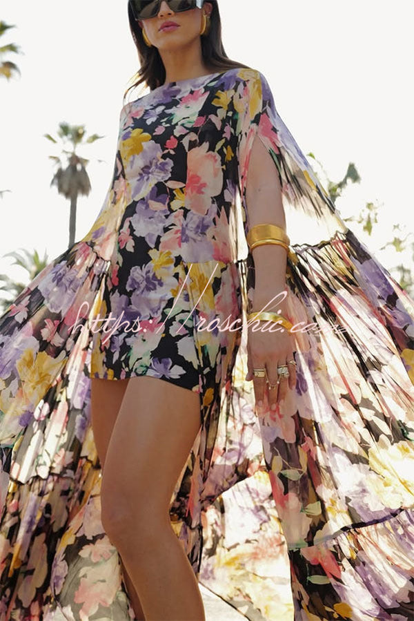 Floral Print High Low Cape Maxi Dress for Party & Vacation