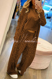 Leopard Print Cardigan & Elastic Waist Pants Lounge Set