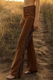 High-Waisted Suede Fringe Flared Pants