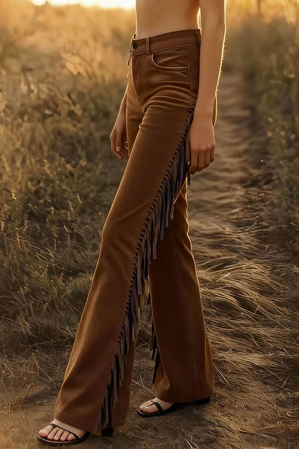 High-Waisted Suede Fringe Flared Pants