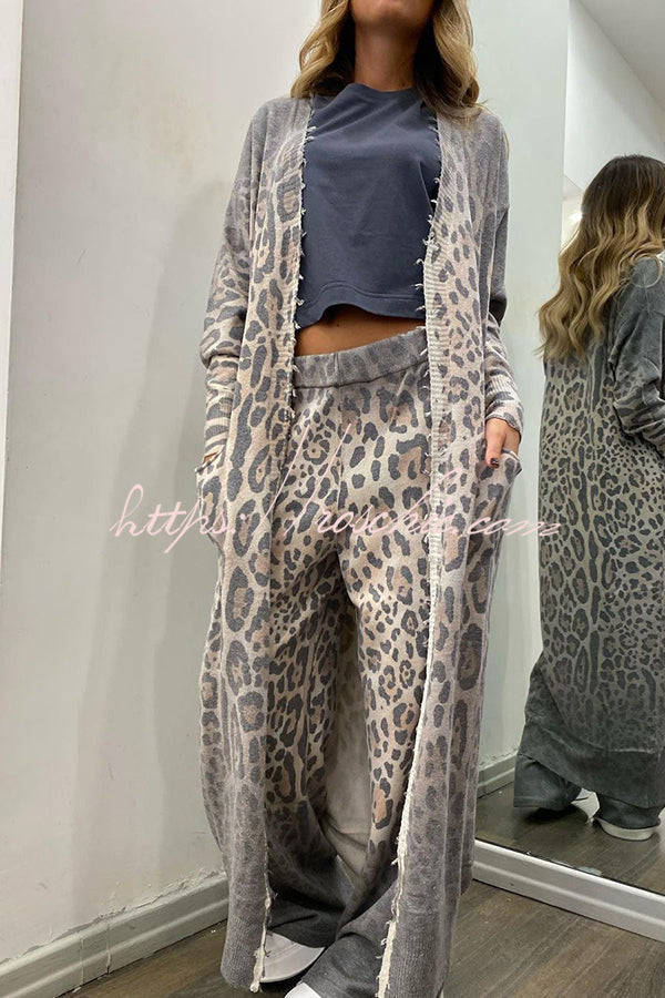 Leopard Print Cardigan & Elastic Waist Pants Lounge Set