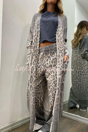 Leopard Print Cardigan & Elastic Waist Pants Lounge Set