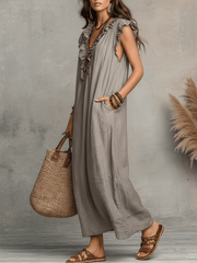 Boho Ruffle V-Neck Sleeveless Flowy Maxi Dress