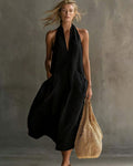 V-Neck Halter Midi Dress with Pockets