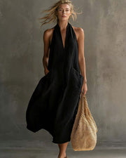 V-Neck Halter Midi Dress with Pockets