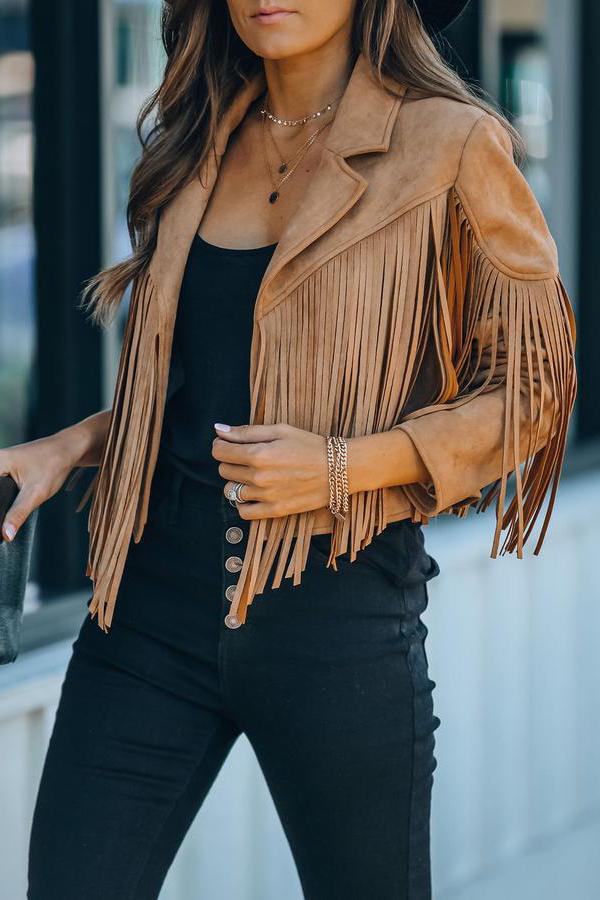 Cropped Faux Suede Jacket with Fringe Detail