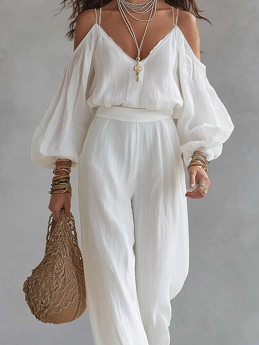 White Cotton Linen Camisole and Wide-Leg Pants Set