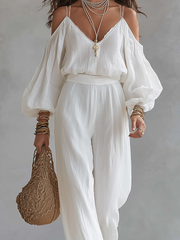 White Cotton Linen Camisole and Wide-Leg Pants Set