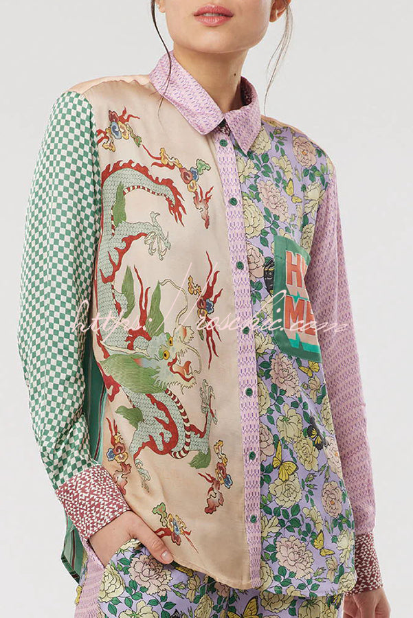 Dragon Print Patchwork Loose Shirt with Chest Pocket