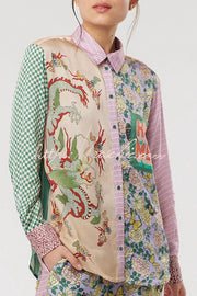 Dragon Print Patchwork Loose Shirt with Chest Pocket