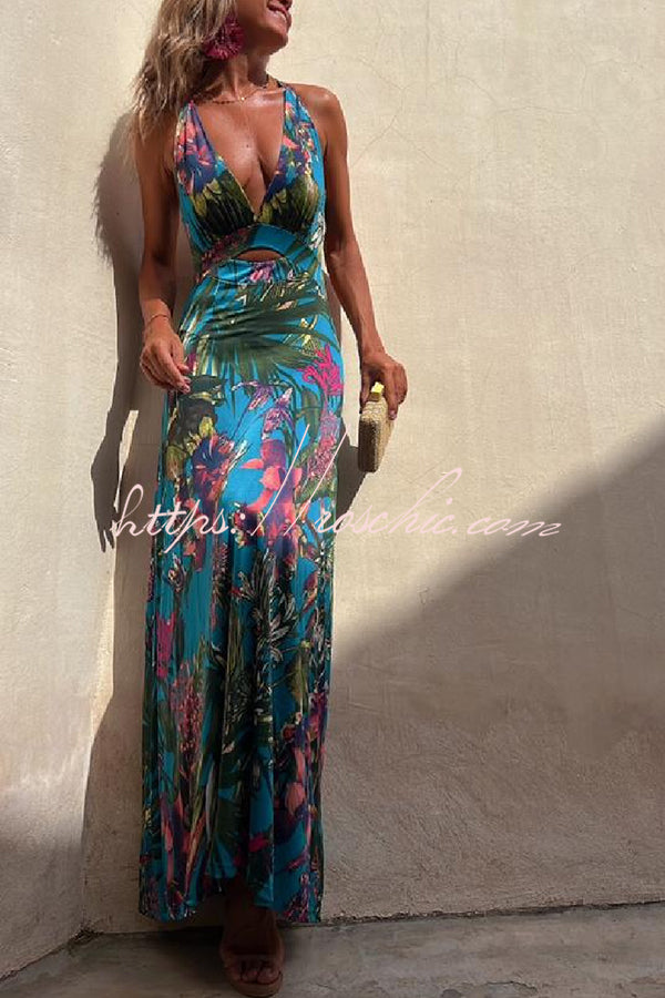 Tropical Print Cutout Back Maxi Dress – Vacation Stretch
