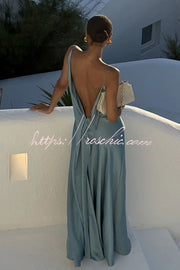 Satin Draped Neck Backless Ruffle Slit Maxi Dress