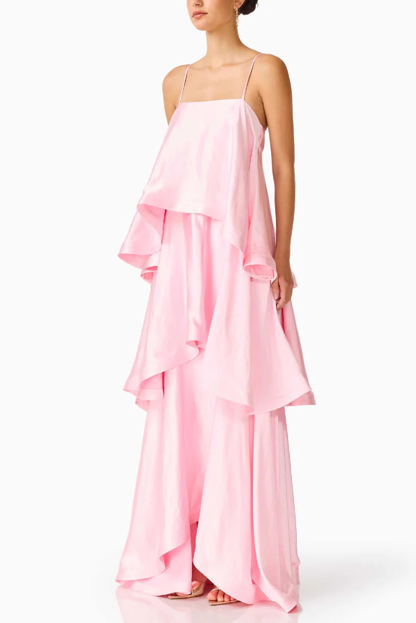 Satin Tiered Maxi Dress – Square Neck Sleeveless A-Line