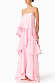 Robe longue en satin à plusieurs niveaux – Col carré sans manches Ligne A