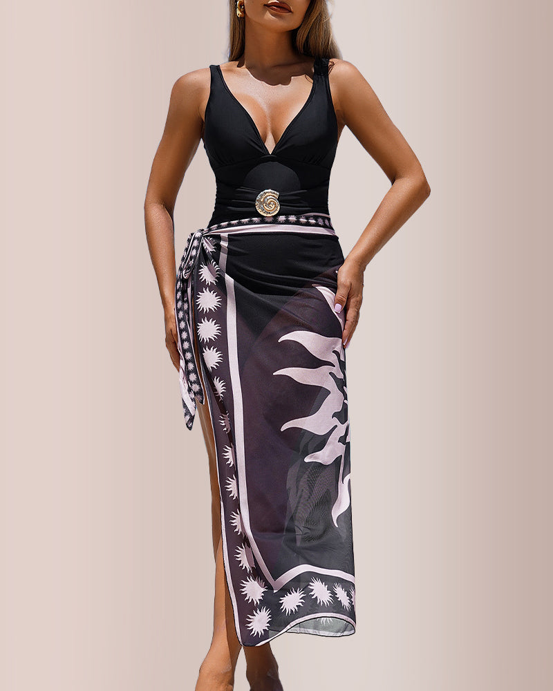 2-Piece Swimsuit & Boho Sarong Set with Plunge Neckline