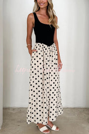 Black & White Polka Dot Sleeveless Maxi Dress with Pockets