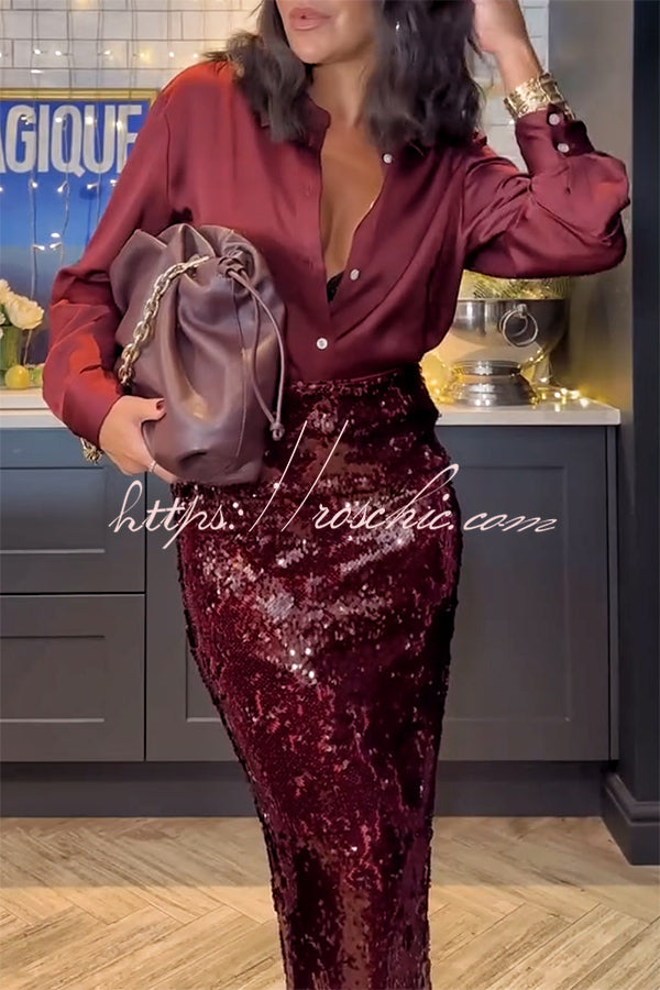 Satin Button-Up Blouse | Long Sleeve Loose Party Top