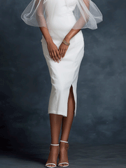 White Tulle Puff Sleeve Bodycon Midi Dress with Side Slit