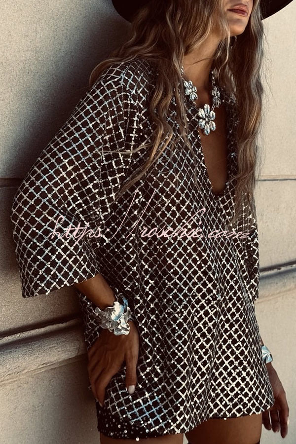 Sequin V-Neck Half Sleeve Loose Party Top