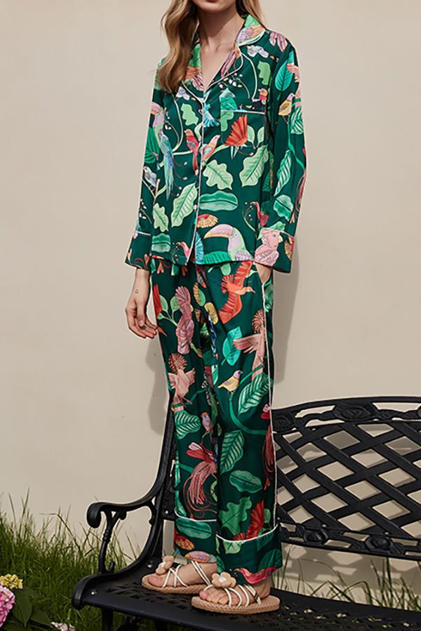 Green Parrot Print Long Sleeve Two-Piece Lounge Set