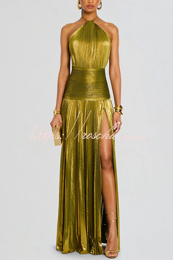 Metallic Pleated Halter Maxi Dress with Open Back & Slit