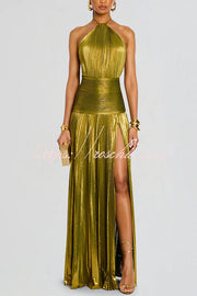 Metallic Pleated Halter Maxi Dress with Open Back & Slit