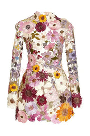 Floral Applique Backless Mini Dress with Long Sleeves