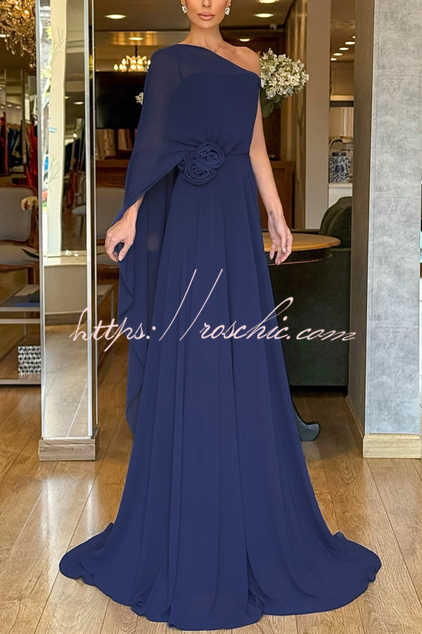 Chiffon One-Shoulder Maxi Dress with Rose Waist Detail