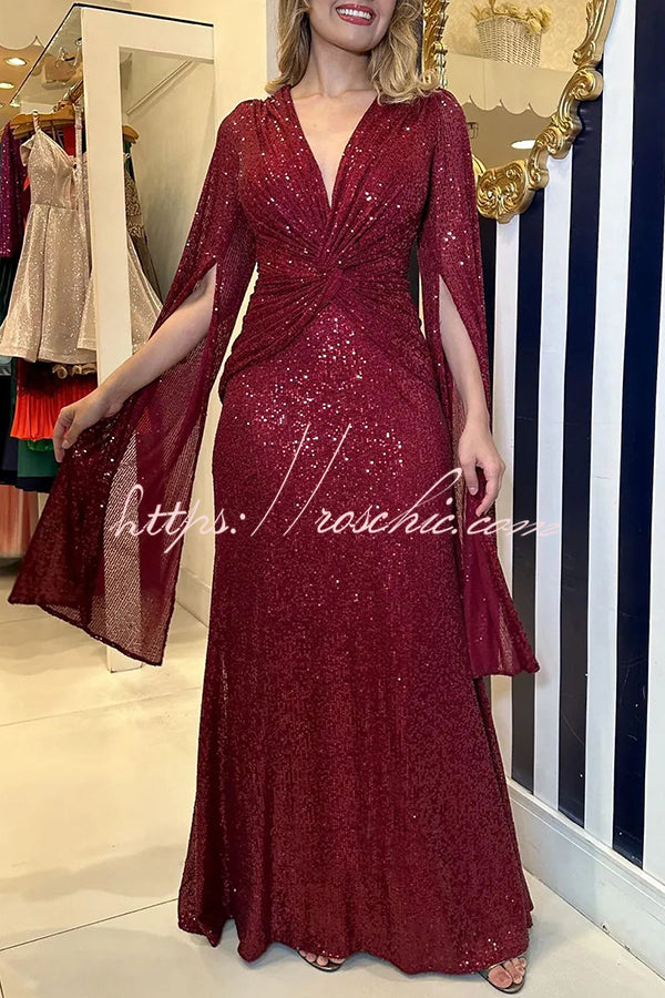 Sequin Cape Sleeve Cross-Waist Evening Maxi Dress
