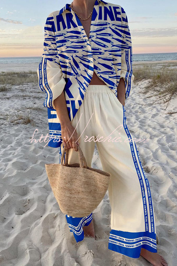Ocean Print Oversized Shirt & Elastic Waist Pants Set