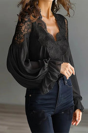 Patchwork Lace V-Neck Puff Sleeve Loose Shirt