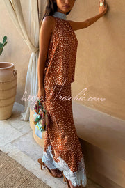 Fawn Print Satin Maxi Skirt with Lace Trim, Mid Rise