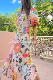 Floral Print Square Neck Bubble Sleeve Maxi Dress