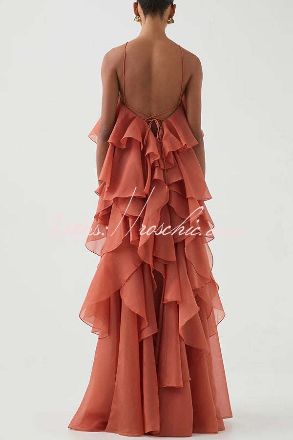 Rose Detail Tiered Ruffle Halter Maxi Dress