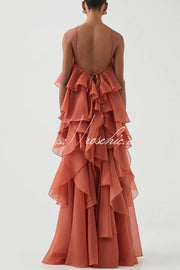 Rose Detail Tiered Ruffle Halter Maxi Dress