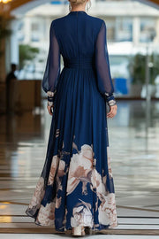 Floral Print Mesh Maxi Dress | V-Neck Long Sleeve