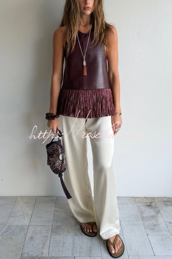 Faux Leather Halter Neck Sleeveless Top with Tassel Detail