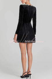Black Velvet Mini Dress with Jeweled Trim & Long Sleeves