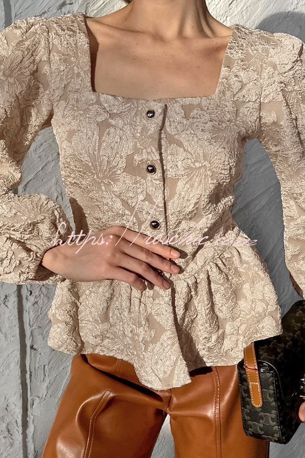 Haut boutonné en jacquard à col carré et manches bouffantes