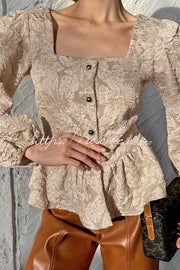 Haut boutonné en jacquard à col carré et manches bouffantes
