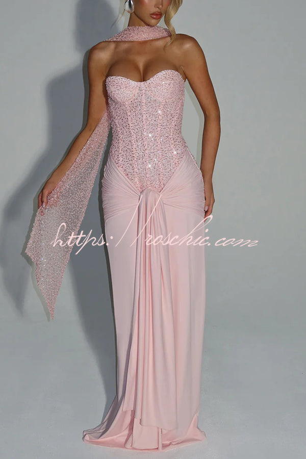 Sequined Satin Jersey Off-Shoulder Ruched Maxi Dress