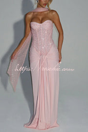 Sequined Satin Jersey Off-Shoulder Ruched Maxi Dress