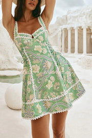 Printed Linen Blend Serrated Trim Mini Dress with Side Tie