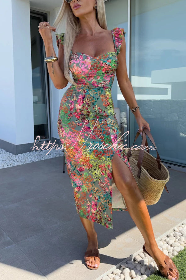 Floral Print Square Neck Sleeveless Slim-fit Midi Dress