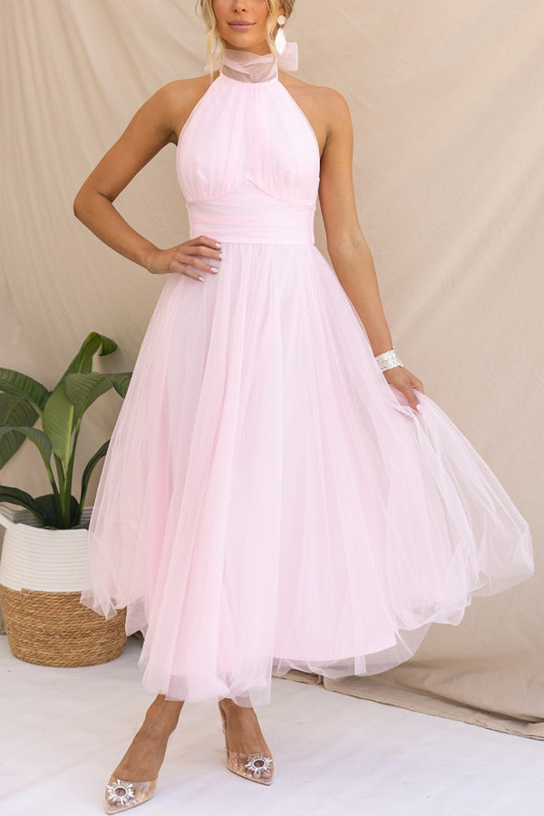 Tulle Halter Maxi Dress with Gathered Detail