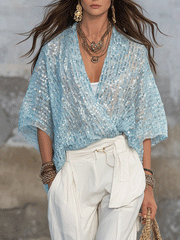 Light Blue Sequin Top and White Tie-Waist Pants Set