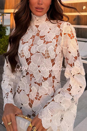 Crochet Lace High Neck Bell Sleeve Mini Dress